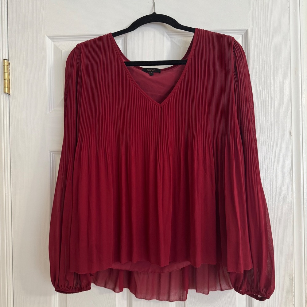 Quince Pleated V-Neck Long Sleeve Blouse Burgundy Red Recycled Poly Small